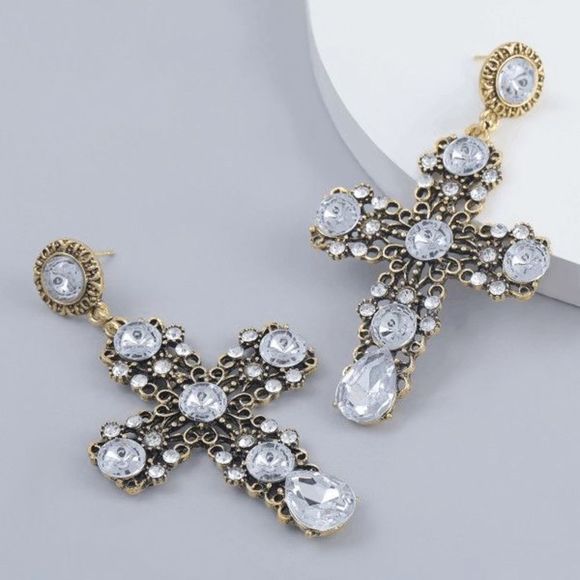 GOLD WHITE CRYSTAL CROSS DANGLE EARRINGS - Picture 2 of 2